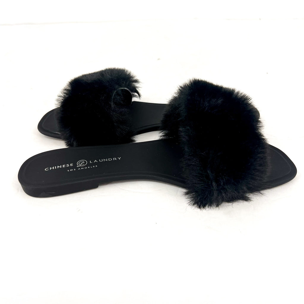 CHINESE LAUNDRY Womens Midnight Flat Slide Sandals Size 8 Black Faux Fur NWOB