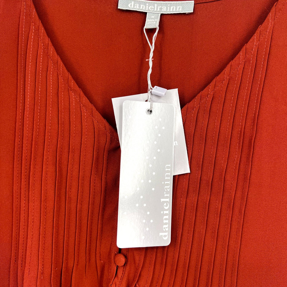 DANIEL RAINN Womens Pleated Palmer Blouse Medium Red Fired Brick Long Sleeve NWT