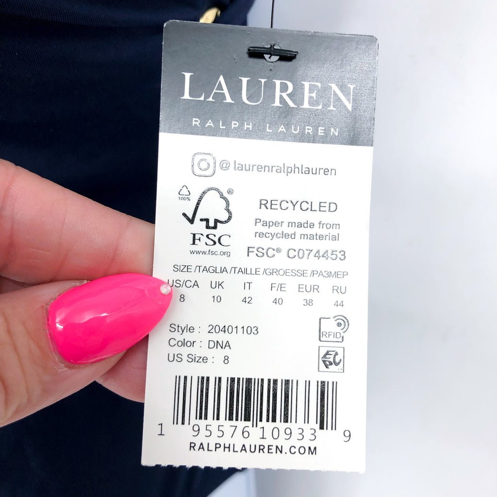 LAUREN RALPH LAUREN Strappy Plunge One-Piece Size 8 Blue Dark Navy Vneck NWT