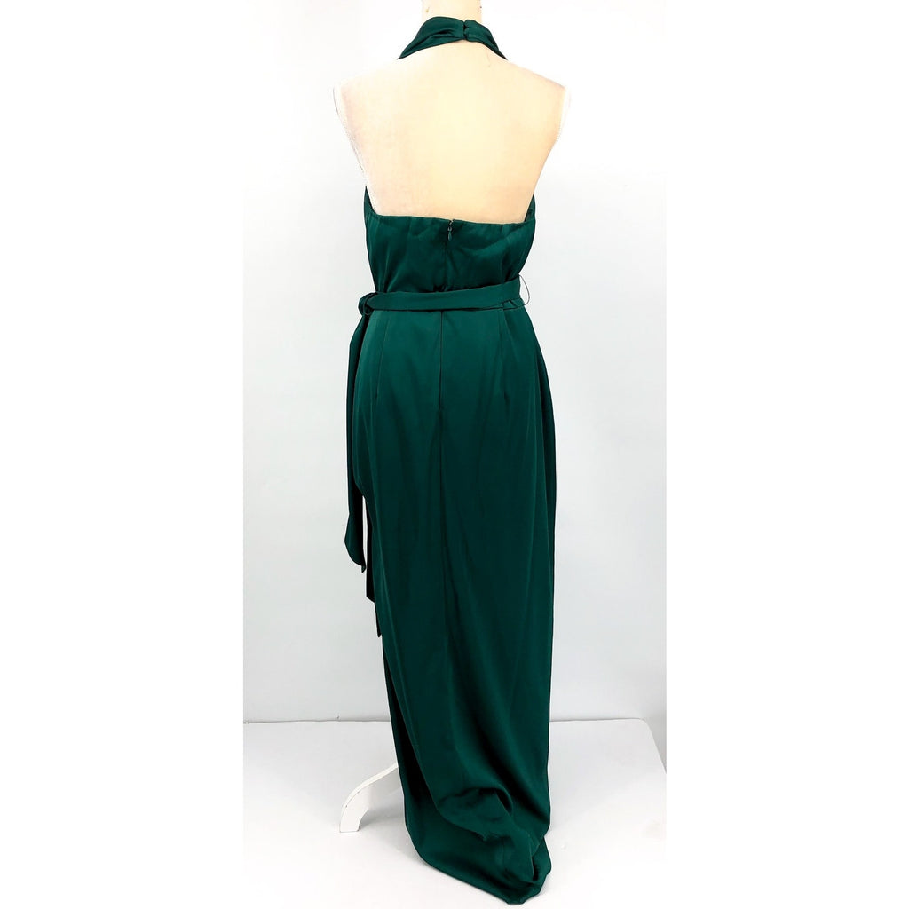 LIV FOSTER Satin Cowl Neckline Column Gown Size 10 Green Tie Waist NWT