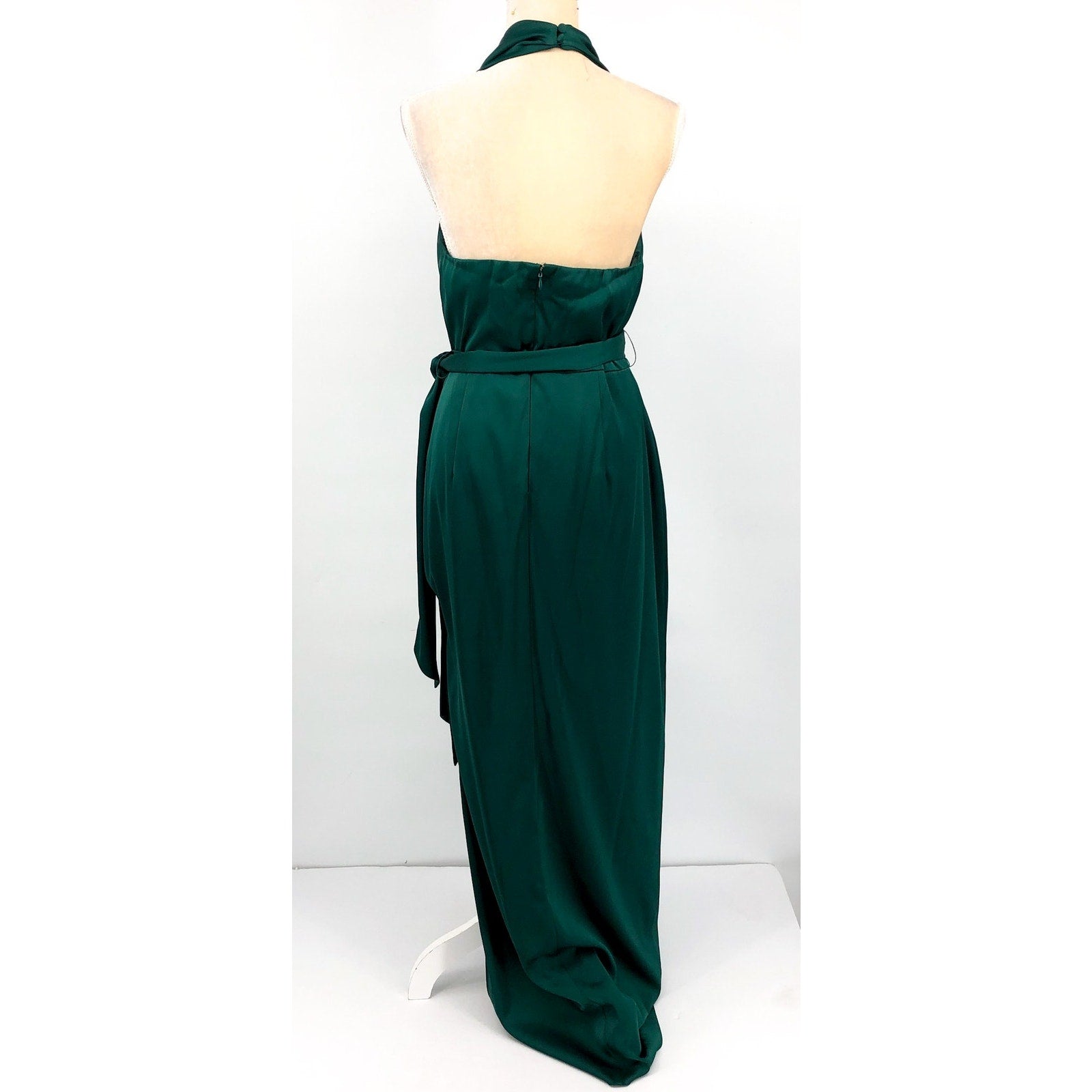 LIV FOSTER Satin Cowl Neckline Column Gown Size 10 Green Tie Waist NWT