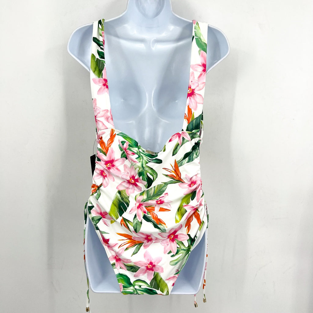 LAUREN RALPH LAUREN Plunge One Piece Swimsuit 16 White Watercolor Floral NWT