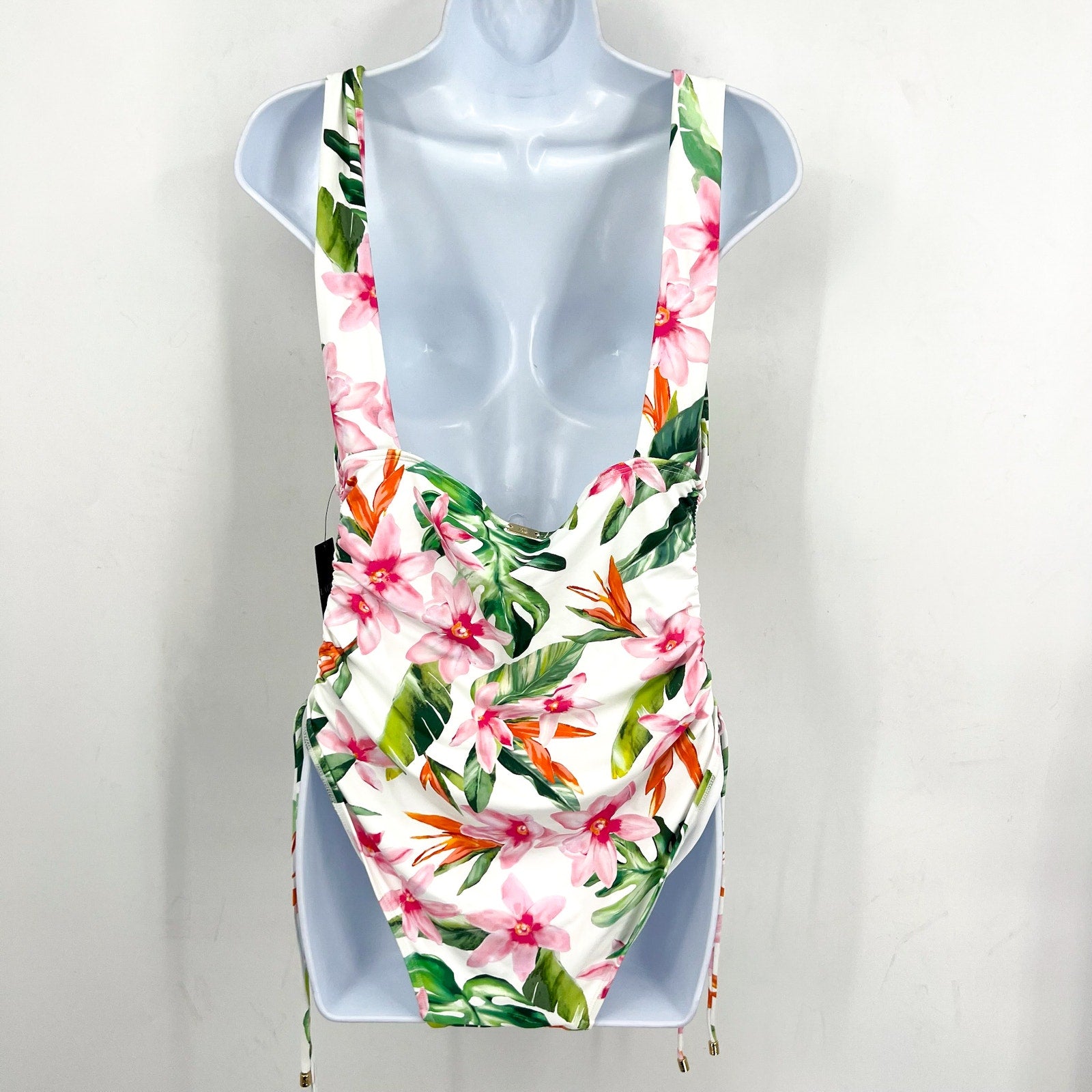 LAUREN RALPH LAUREN Plunge One Piece Swimsuit 16 White Watercolor Floral NWT