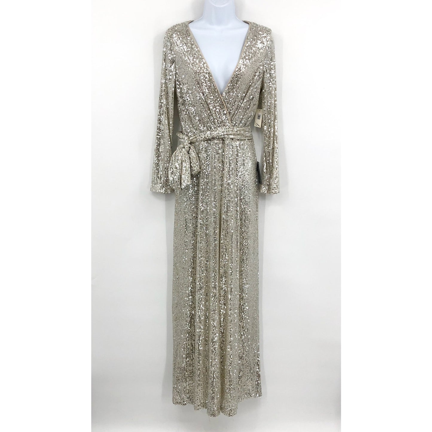 ELIZA J Women's Long Sleeve Sequin Wrap Jumpsuit Size 10 Ivory/White V Neck NWT