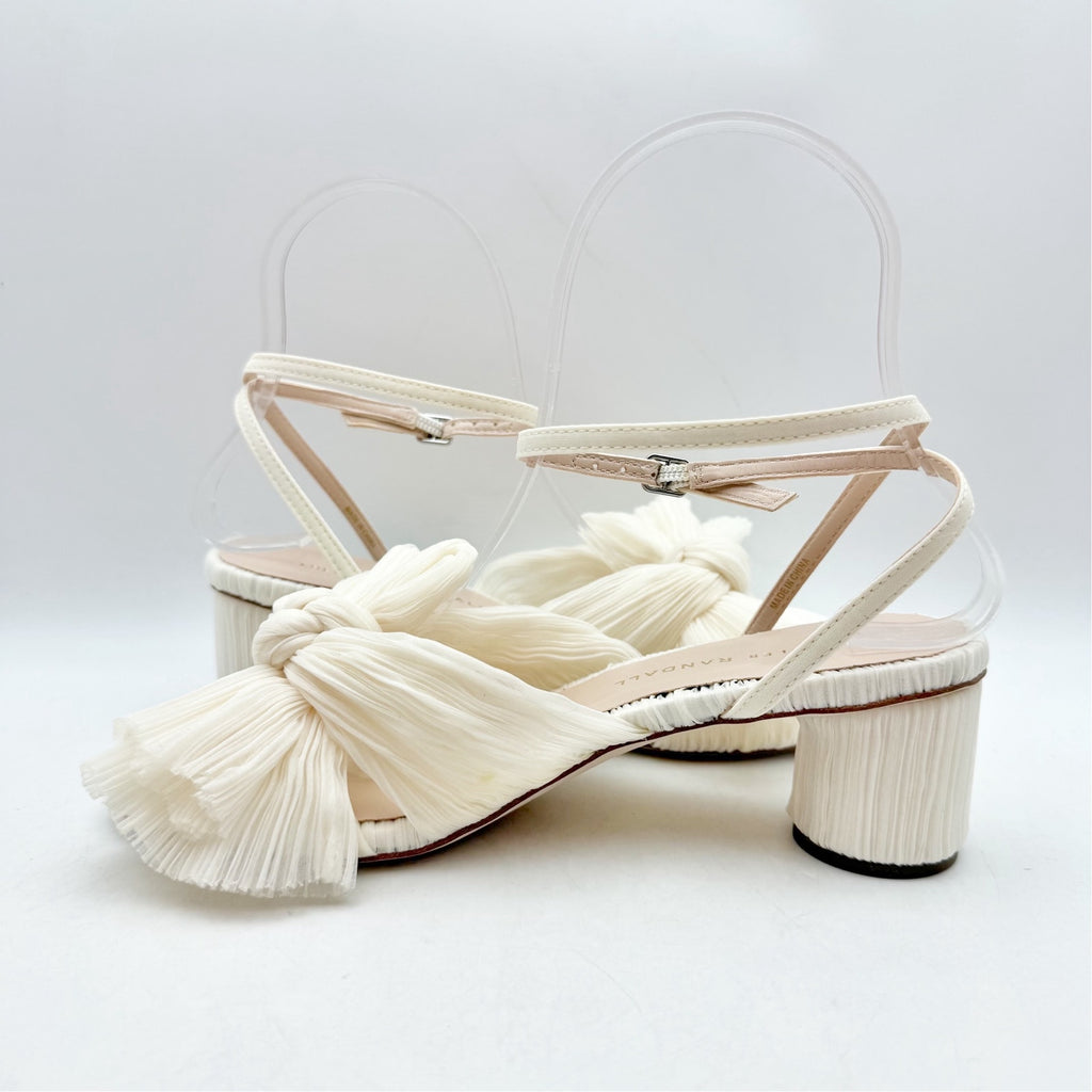 Loeffler Randall Women Dahlia Pleated Bow Heels US 6 Pearl Ivory Ankle Strap NIB