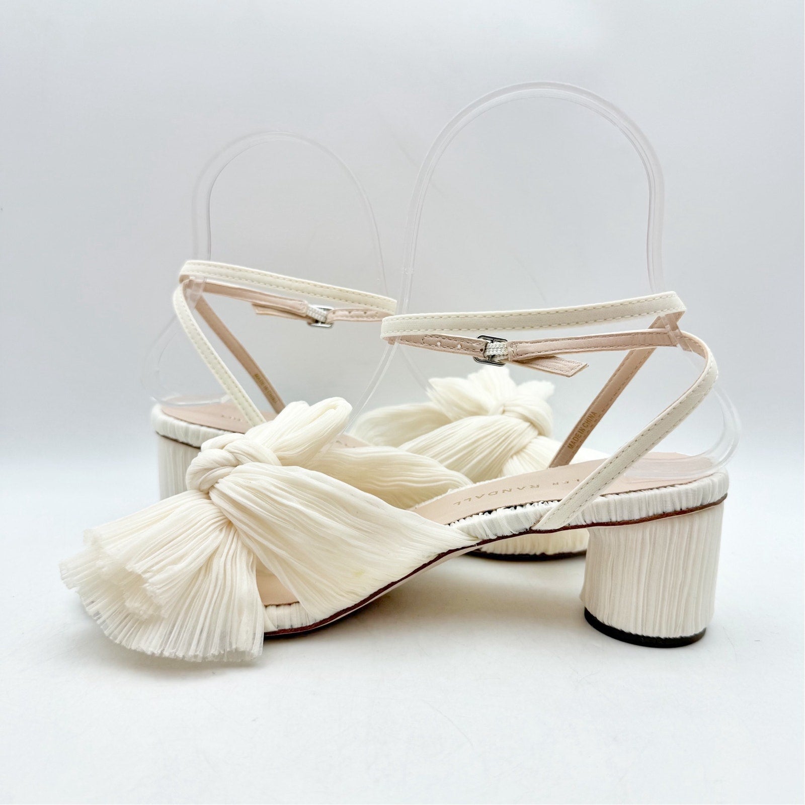Loeffler Randall Women Dahlia Pleated Bow Heels US 6 Pearl Ivory Ankle Strap NIB