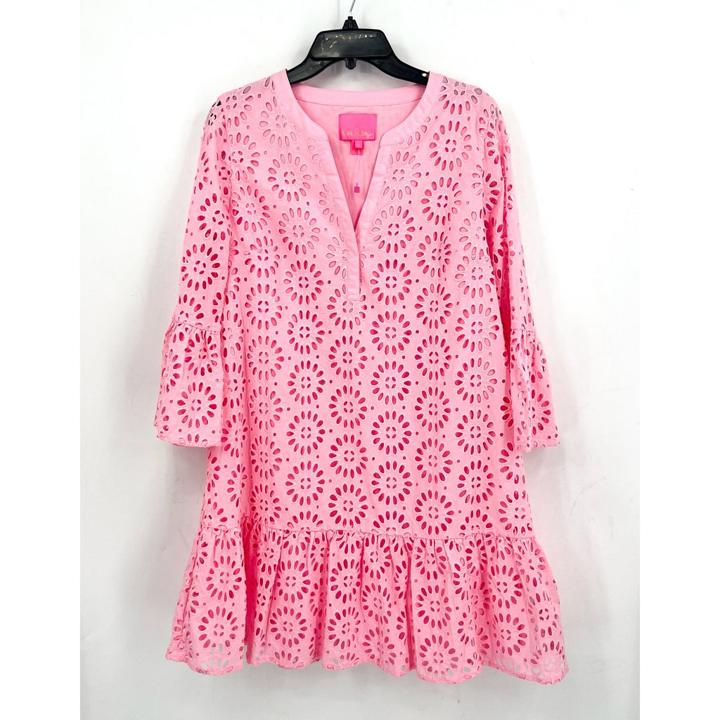 LILLY PULITZER Womens Bekah Eyelet Mini Dress Large Pink Peony Ruffle Hem NWOT