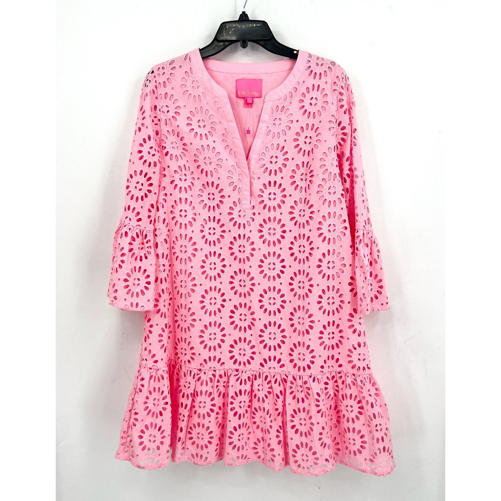 LILLY PULITZER Womens Bekah Eyelet Mini Dress Large Pink Peony Ruffle Hem NWOT