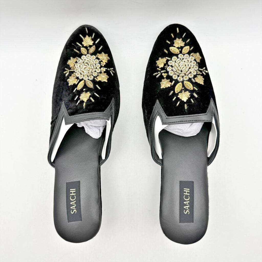 Saachi Womens Sequined Floral Slide Mules US 8 Black Velvet NWOB
