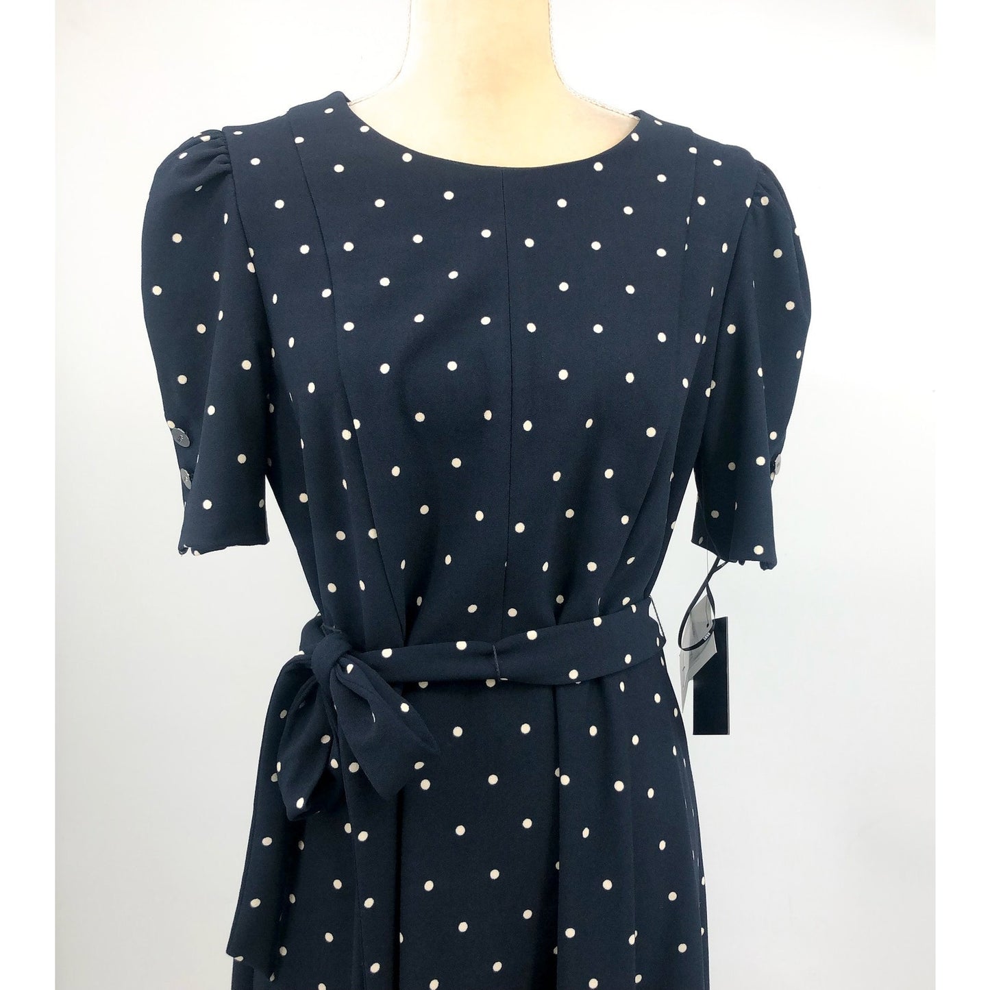 DKNY Women's Polka-Dot Puff-Sleeve Midi Dress Size 12 Navy Waist Tie Belt NWT