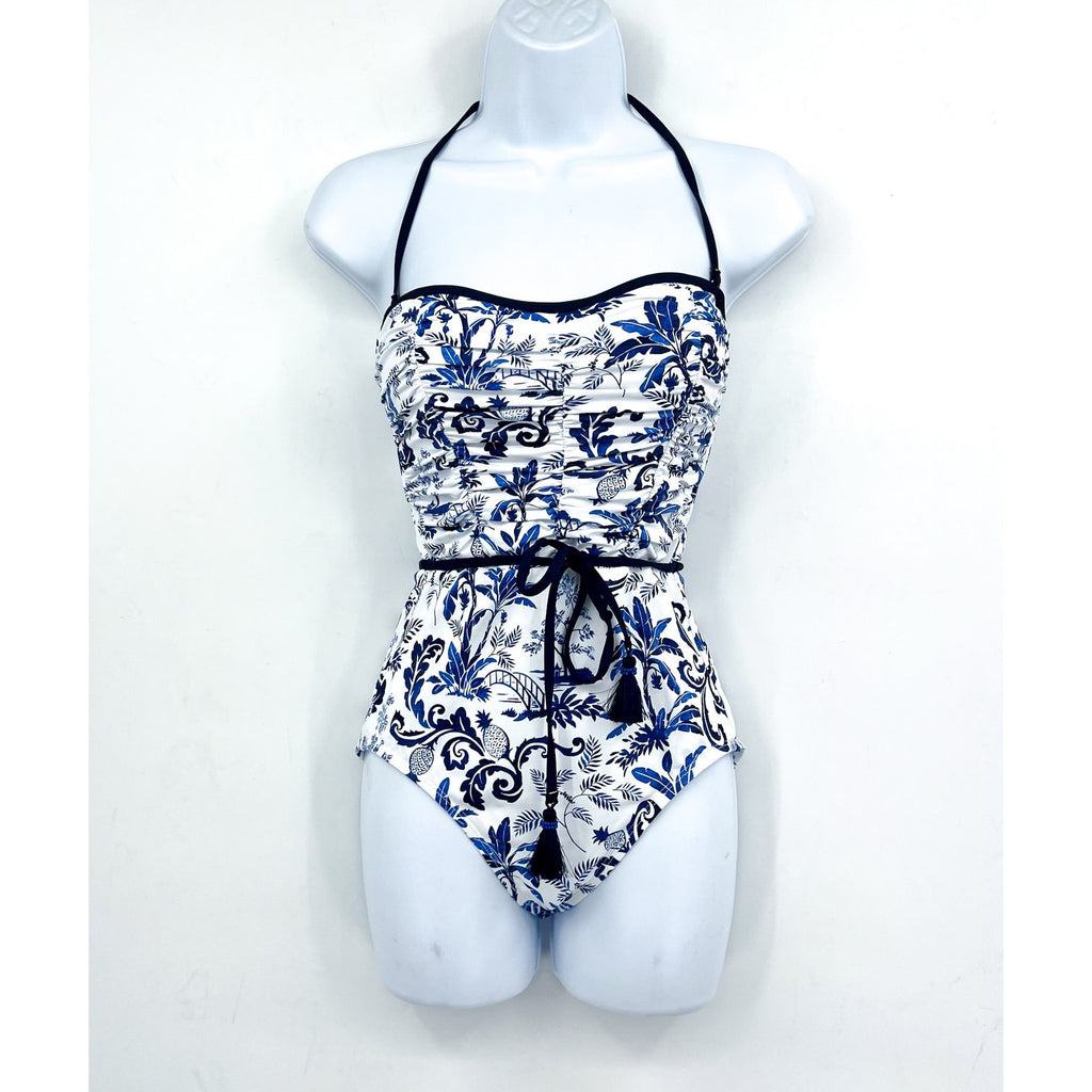 TOMMY BAHAMA Terrazzo Tile Bandeau One Piece Swimsuit Size 8 Blue Floral NWT