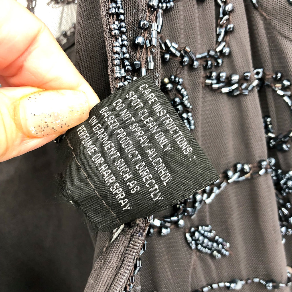PISARRO NIGHTS Women's Beaded Mesh Column Gown Size 12 Gray Short Sleeve NWT