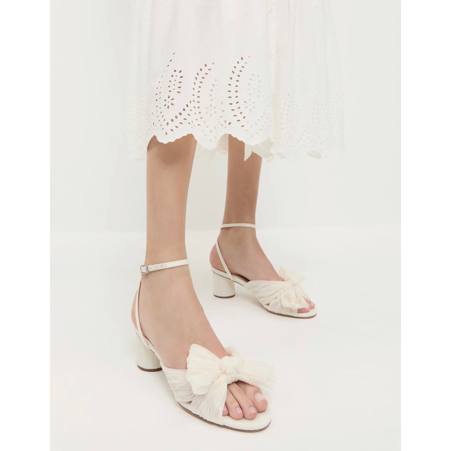 Loeffler Randall Women Dahlia Pleated Bow Heels US 6 Pearl Ivory Ankle Strap NIB