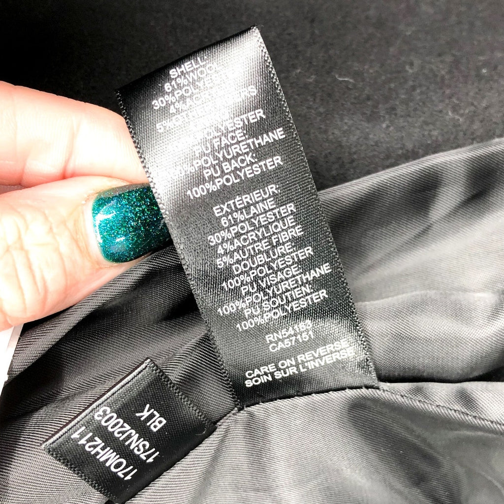 KENNETH COLE Womens Melton Wool Blend Coat Small Black Faux Leather Trim NWOT