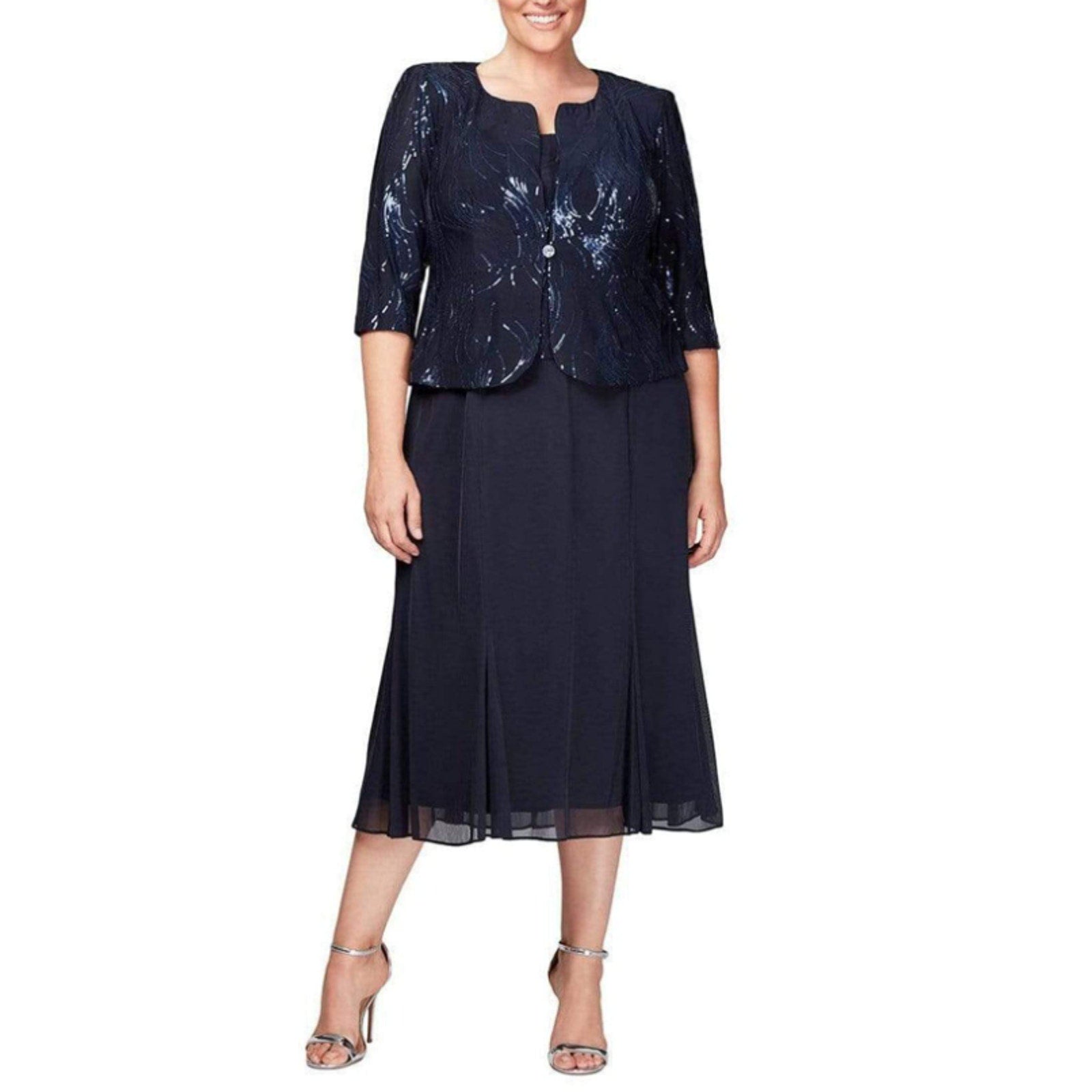ALEX EVENINGS Chiffon & Sequin Dress & Jacket Set 18W Navy Blue Formal NWT