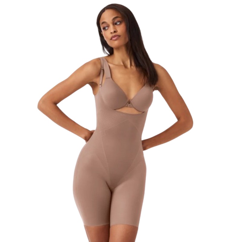 SPANX Open-Bust Mid-Thigh Bodysuit Small Cafe Au Lait 10235R NWT