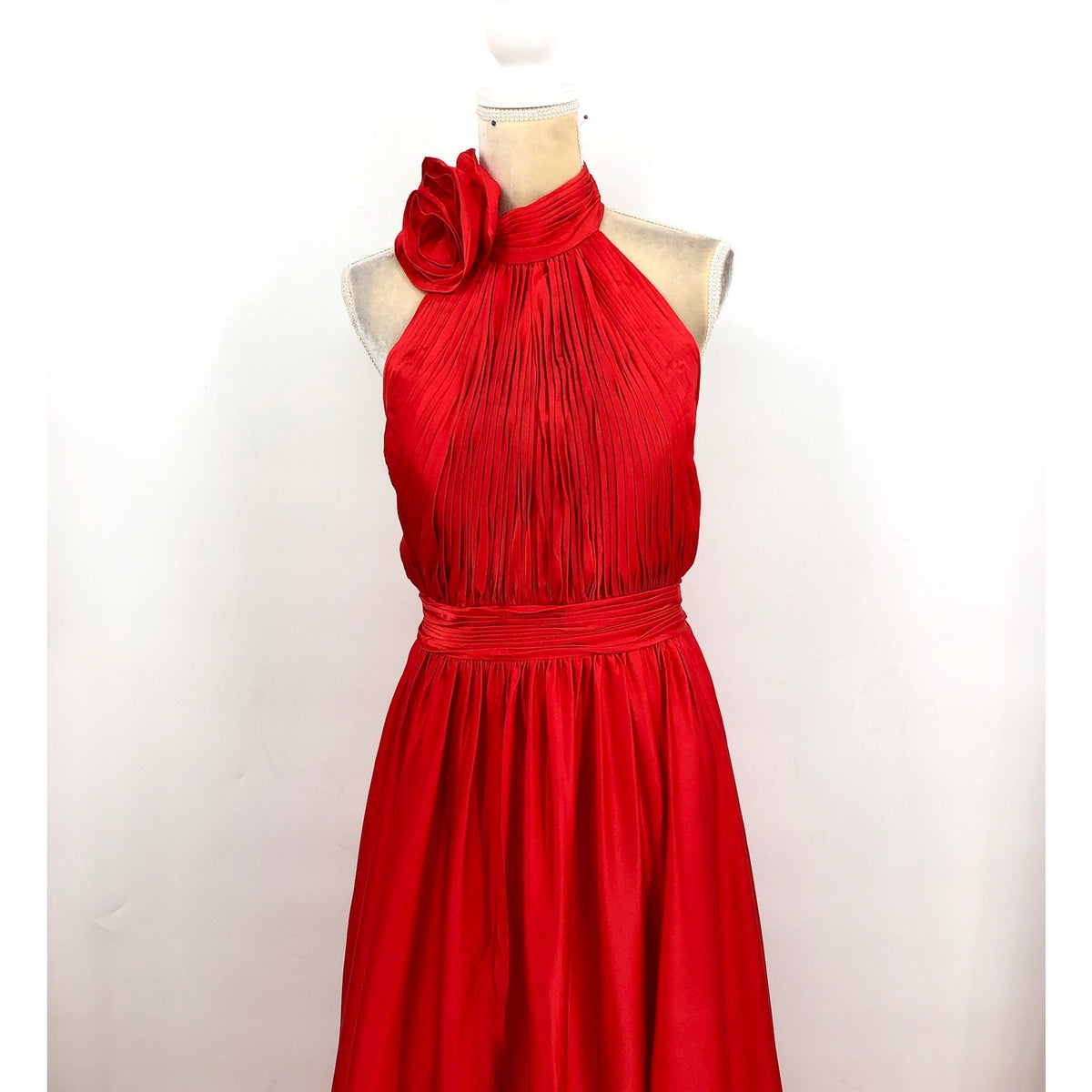 MAC DUGGAL Women's Halter Neck Satin Gown Size 10 Red High Slit Open Back NWT