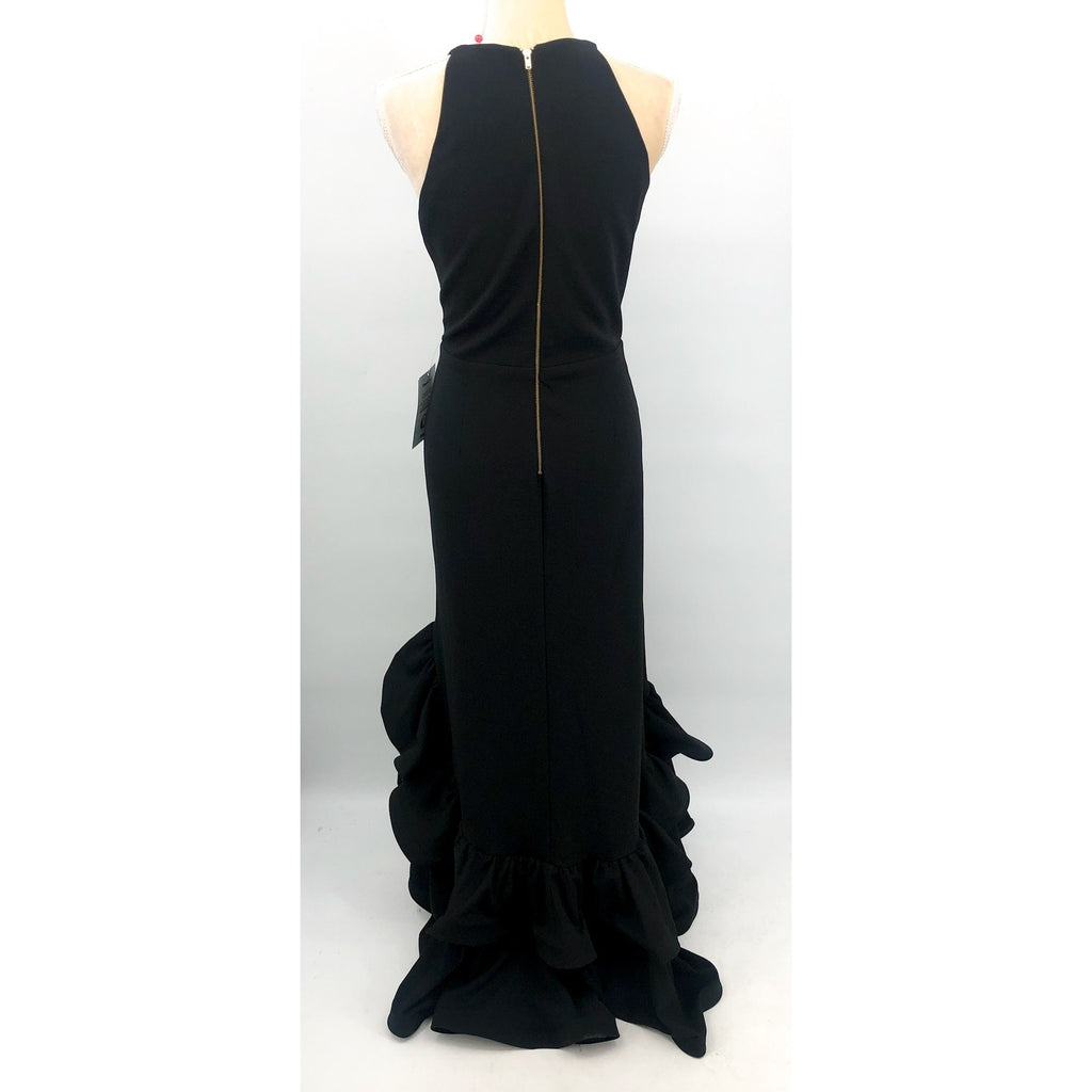 BETSY & ADAM Womens Arielle Scuba Crepe Ruffle Slit Gown 12 Black Sleeveless NWT