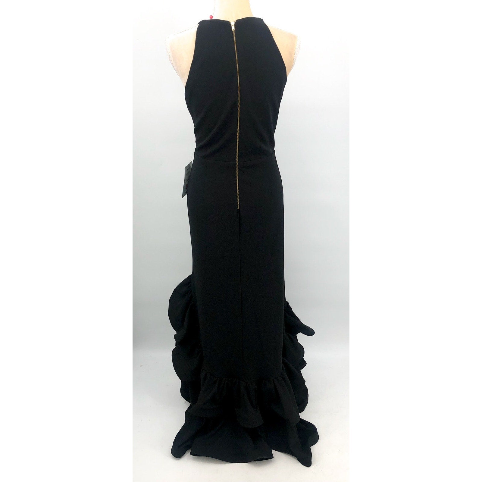 BETSY & ADAM Womens Arielle Scuba Crepe Ruffle Slit Gown 12 Black Sleeveless NWT