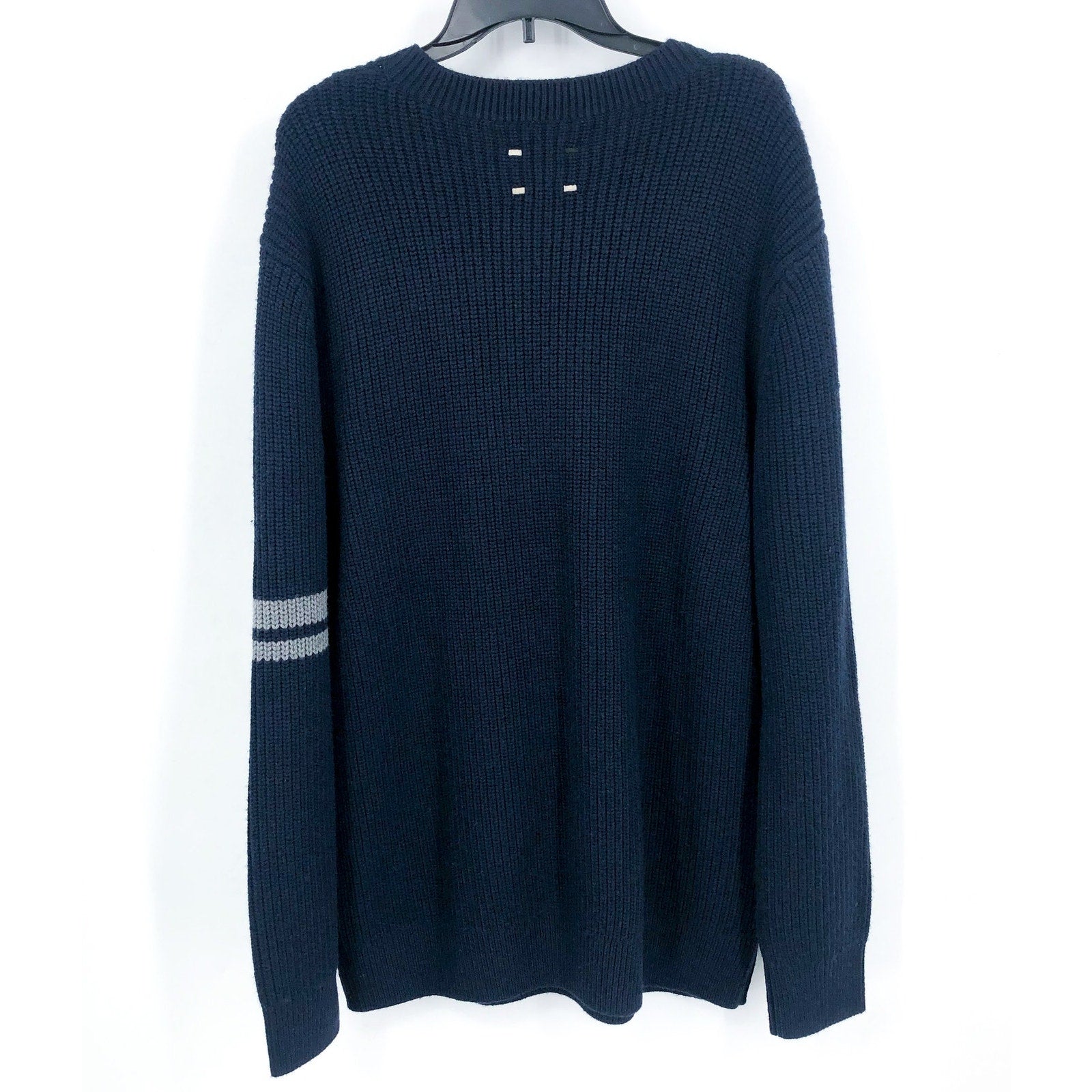 LABEL Mens Go-To Sweater Medium Navy Blue Grey Knit Crewneck Merino Wool NWT