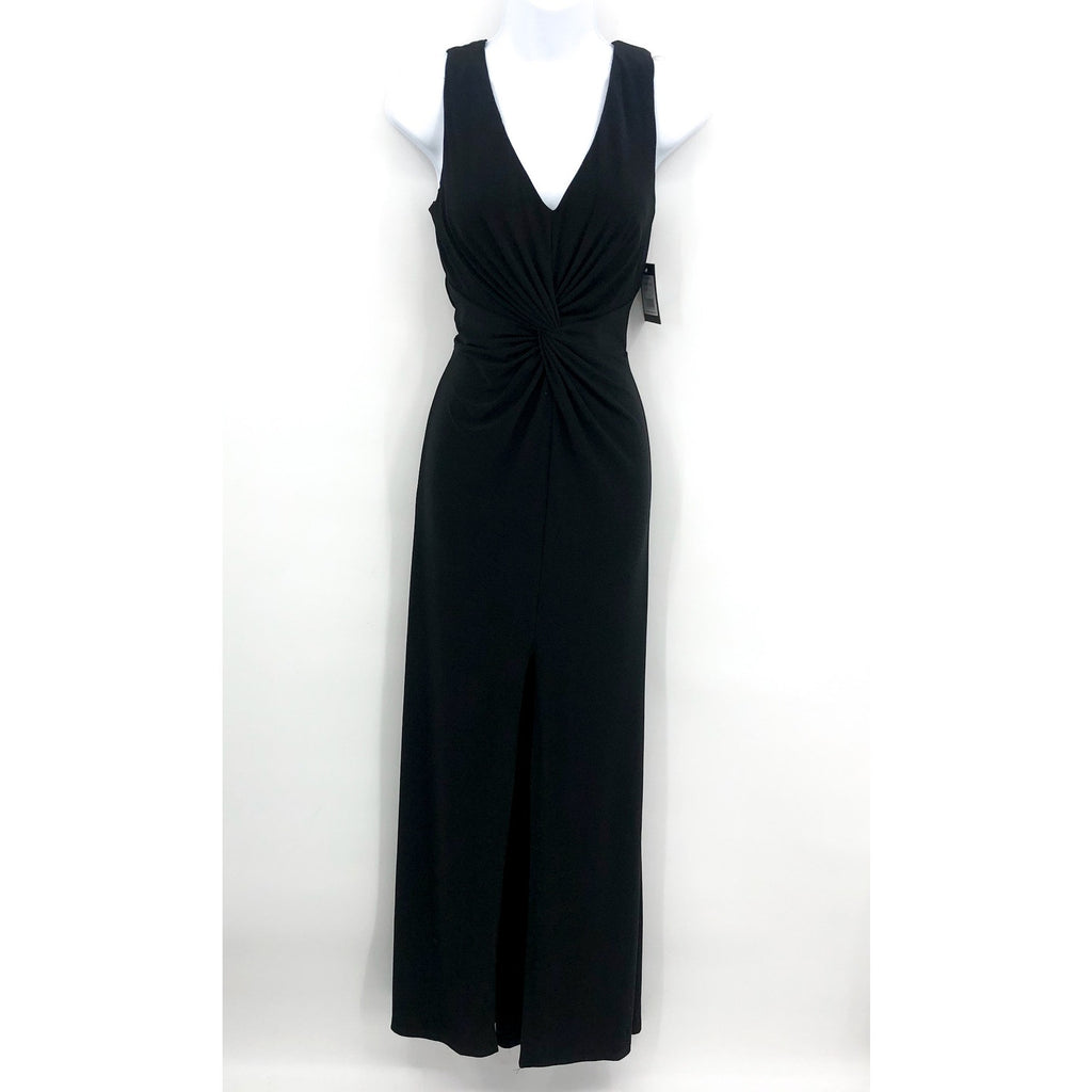 MARINA Women's Long Dress Small Black Crepe V Neck Knot Front Sleeveless NWT