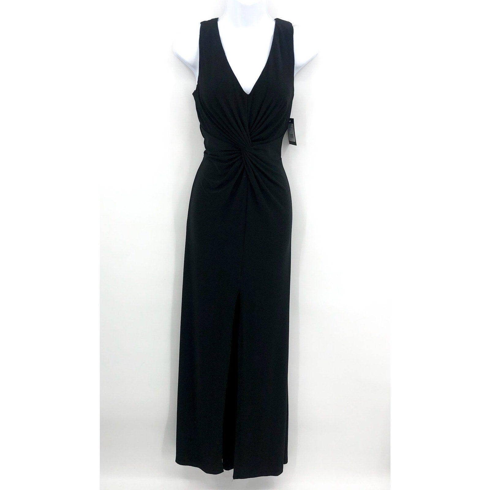 MARINA Women's Long Dress Small Black Crepe V Neck Knot Front Sleeveless NWT