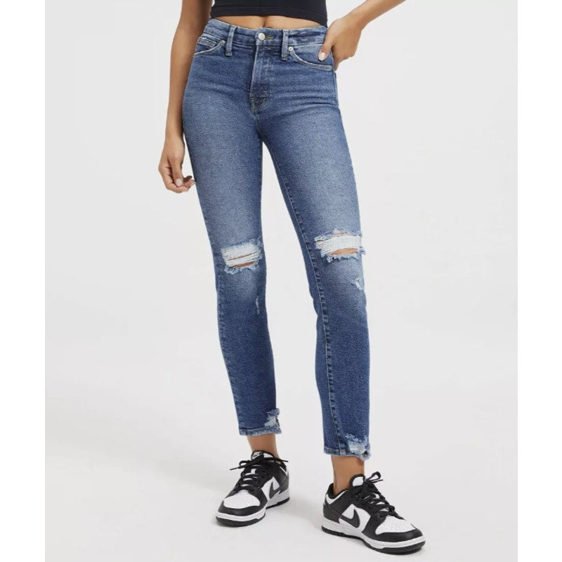 GOOD AMERICAN Good Straight Ripped Ankle Jeans Indigo Blue Size 29 US 8