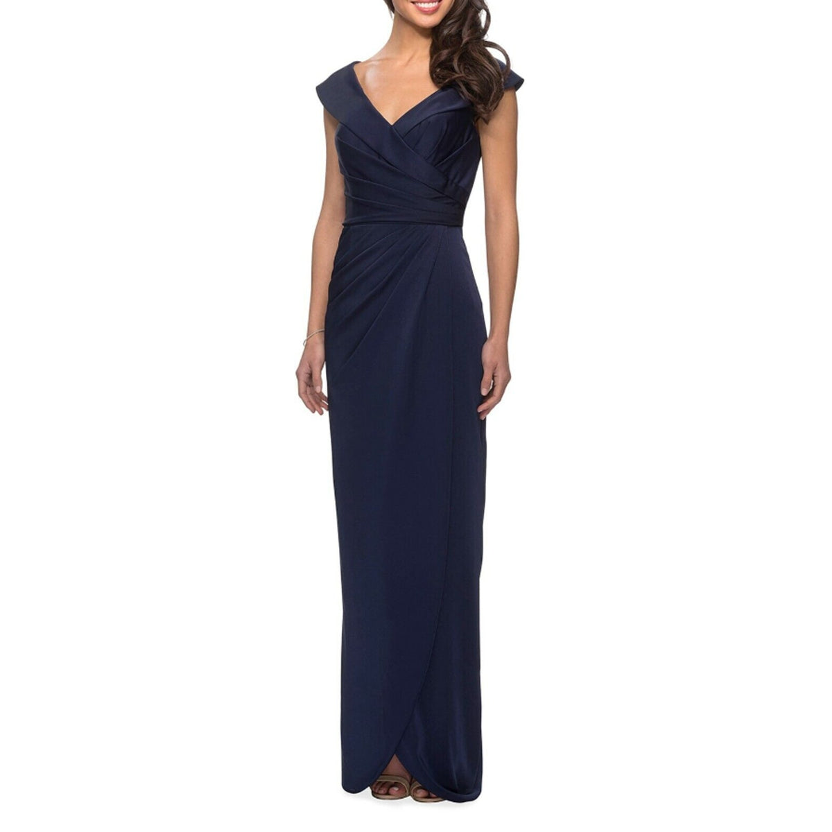 LA FEMME 25206 Jersey Column Gown 2 Navy Blue Off-the-Shoulder Ruched NWOT