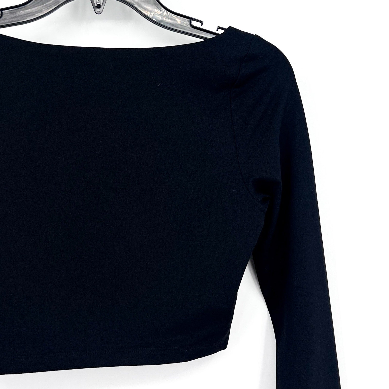 SUSAN MONACO Women's Crop Top Small Black Micro Square Neck Long Sleeve NWOT