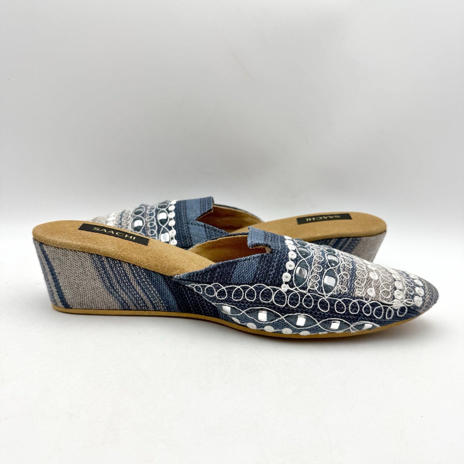 Saachi Womens Denim Wedge Mules US 11 Blue Silk Embroidered NWOB