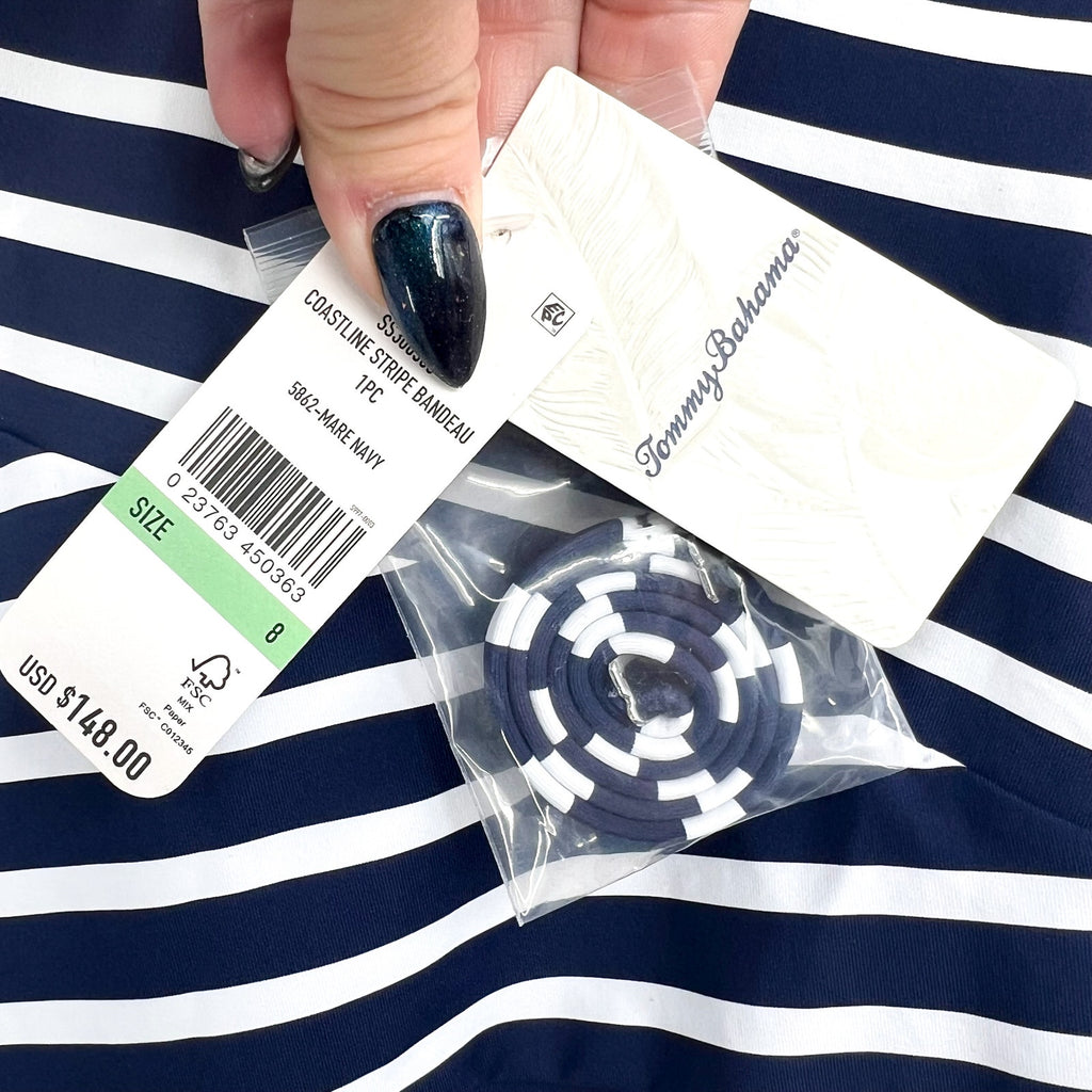 TOMMY BAHAMA Coastline Stripe Bandeau One Piece Swimsuit Size 8 Blue White NWT