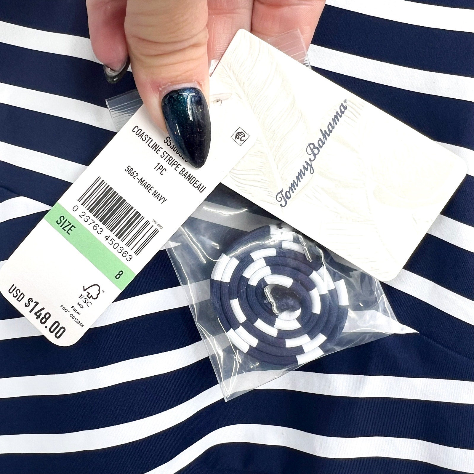 TOMMY BAHAMA Coastline Stripe Bandeau One Piece Swimsuit Size 8 Blue White NWT