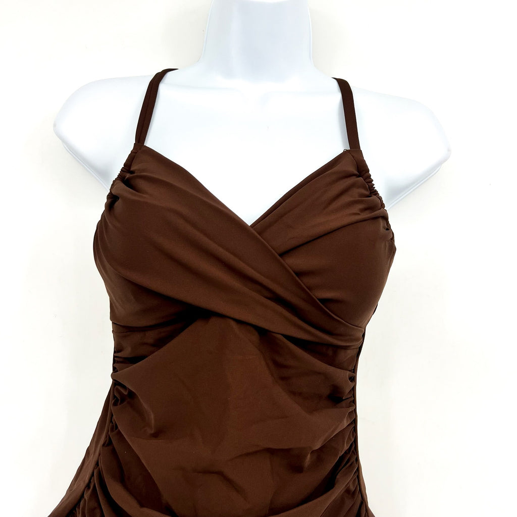 SUNSETS Women's Simone Tankini Top Small Tiki Brown Cross-Over Front Swim NWT