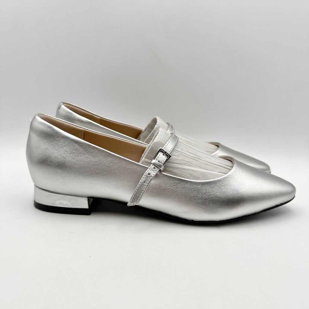 Rockport Womens Taren Flats US 7 WIDE Silver Metallic Leather Mary Janes NWOB