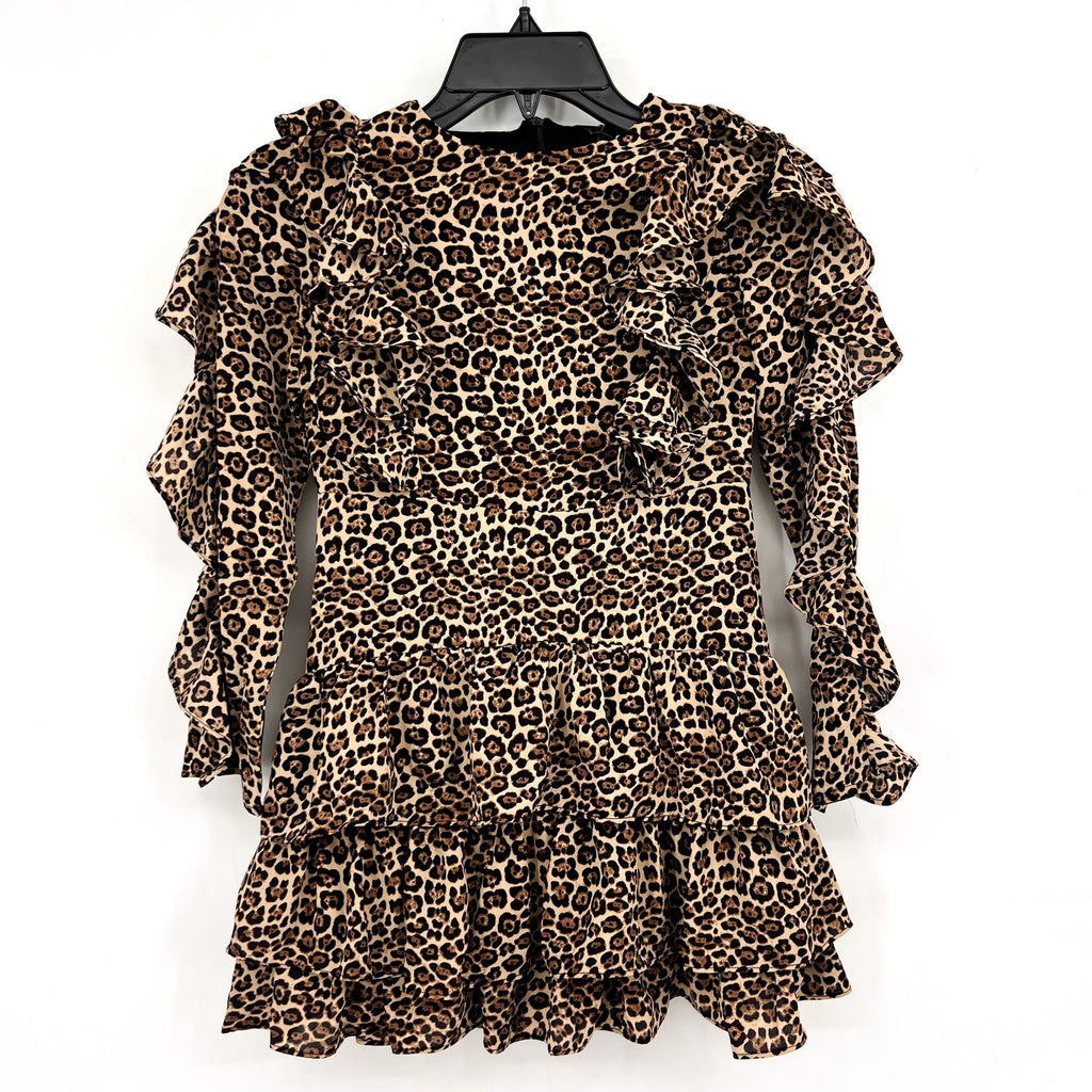 BARDOT Girl's Whit Ra Ra Dress Size 10 MEDIUM Leopard Ruffle Long Sleeve NWT