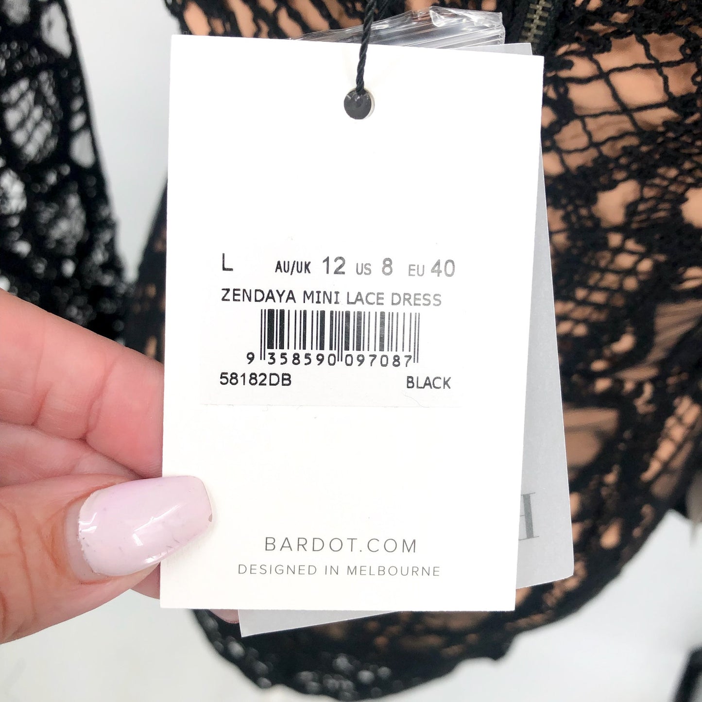 BARDOT Women's Zendaya Mini Lace Dress US 8 Large Black Nude Off Shoulder NWT