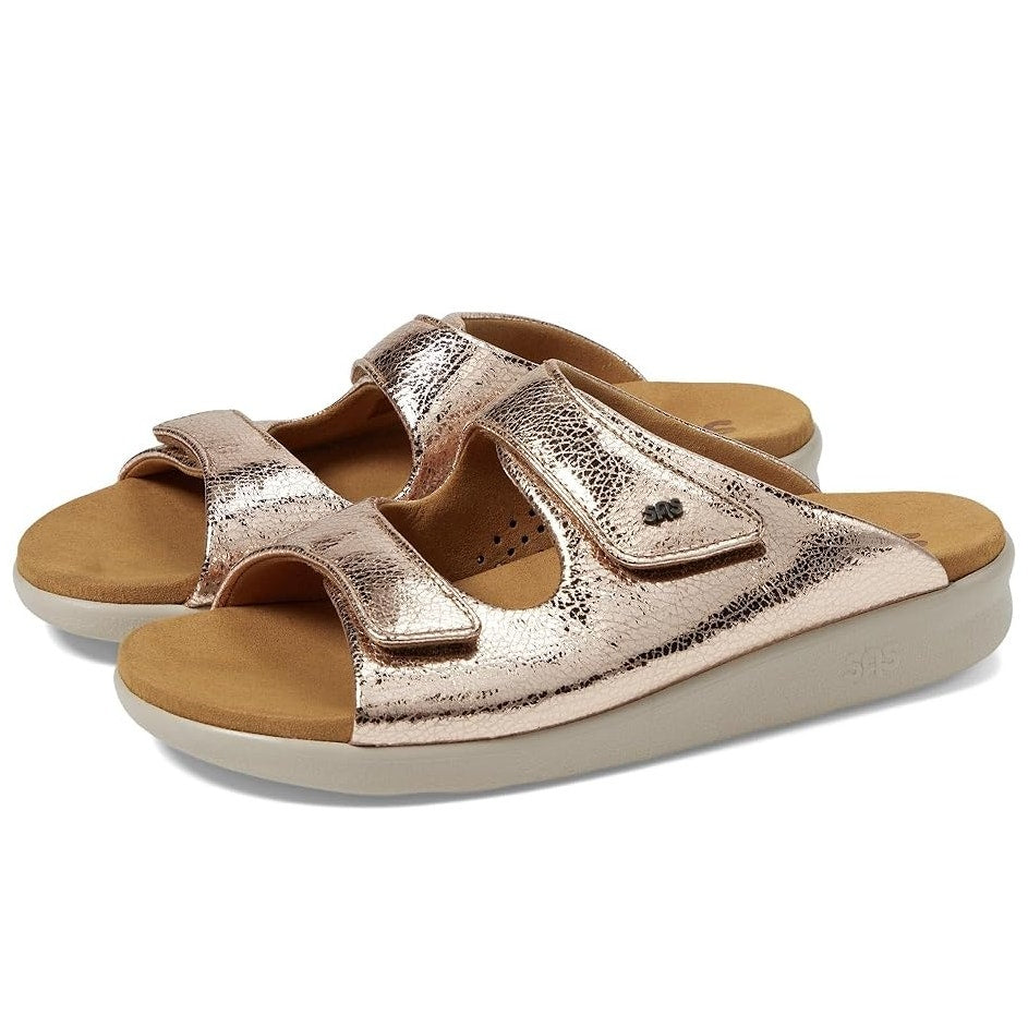 SAS Womens Cozy Adjustable Slide Sandals Size 9 Wide Pink Metallic Leather NIB