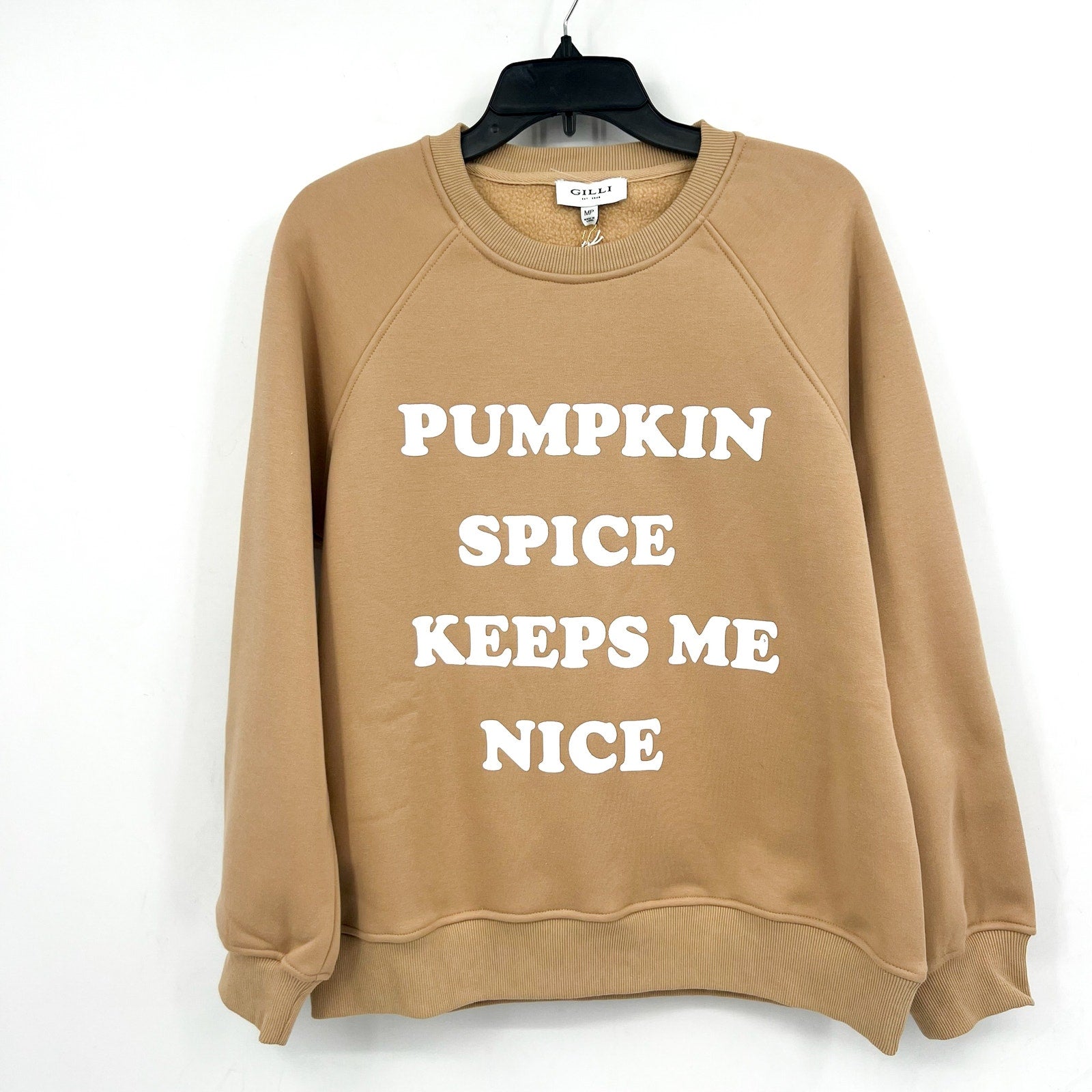 GILLI Pumpkin Spice Keeps Me Nice Crew Sweatshirt Medium Petite Tan NWT