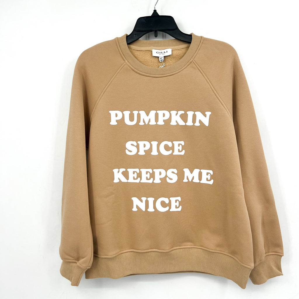 GILLI Pumpkin Spice Keeps Me Nice Crew Sweatshirt Medium Petite Tan NWT