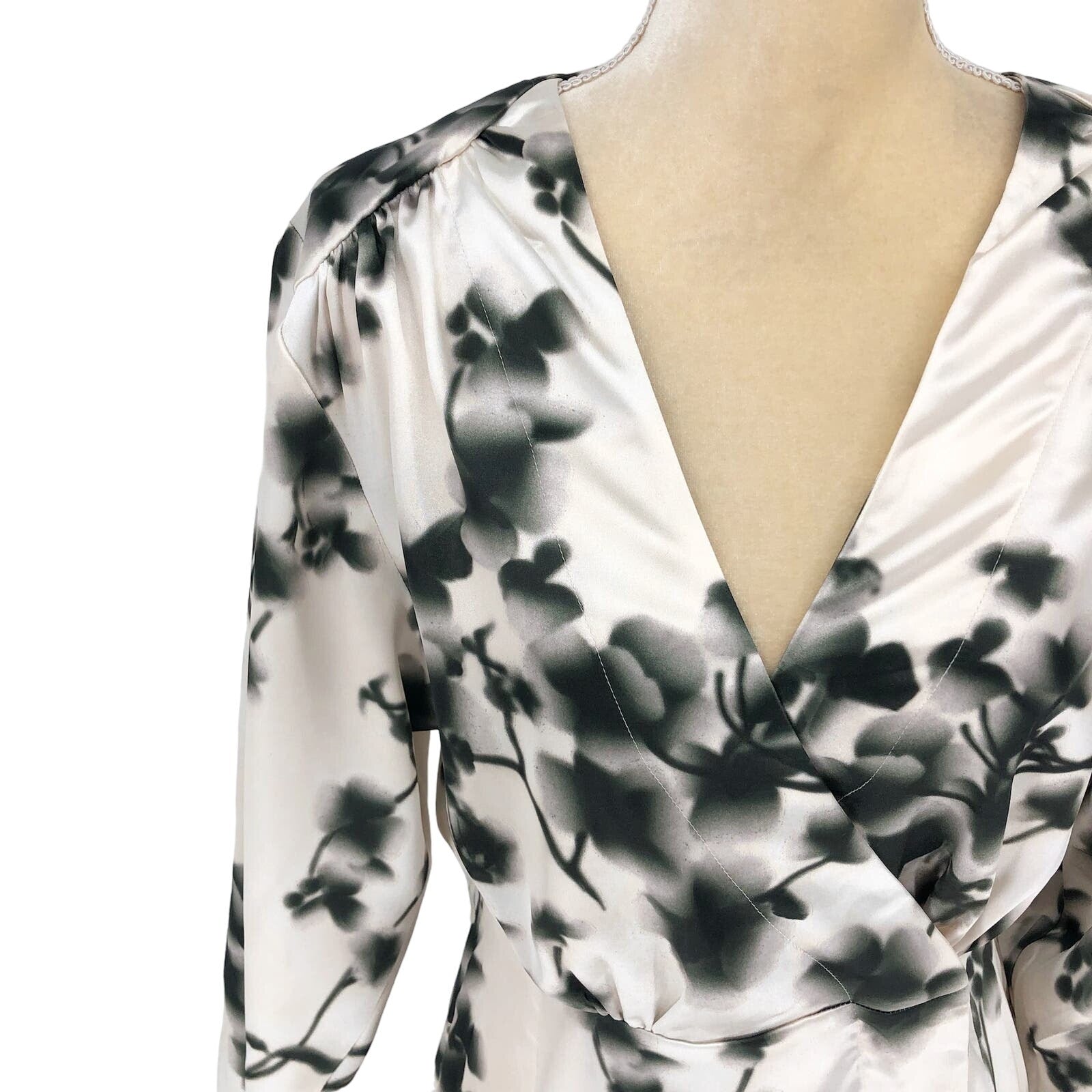 Rotate Womens Floral Wrap Midi Dress 8 Ivory Green V Neck Long Sleeve Cocktail