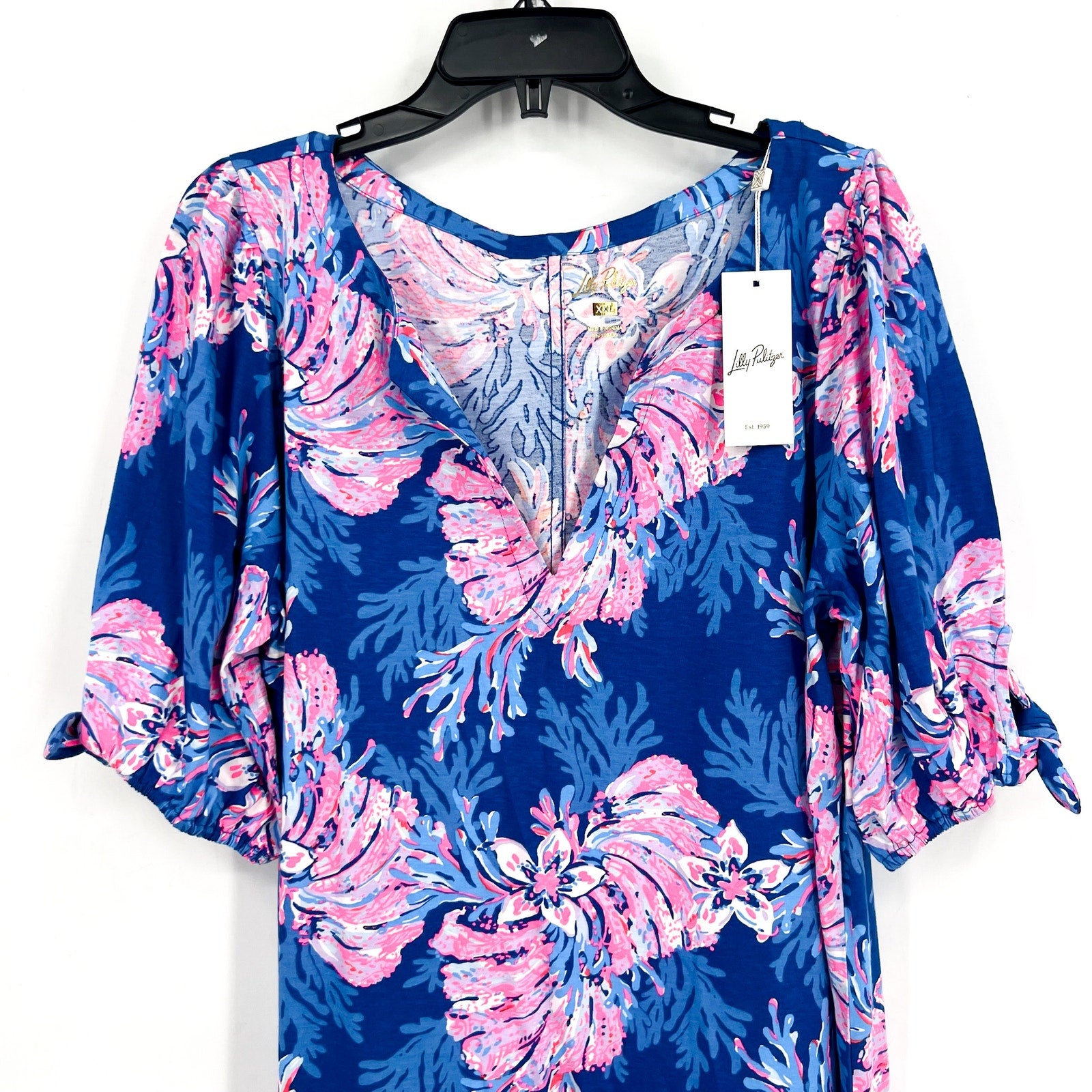 LILLY PULITZER Easley Short Sleeve Dress XXL Blue Pink For the Fans NWT
