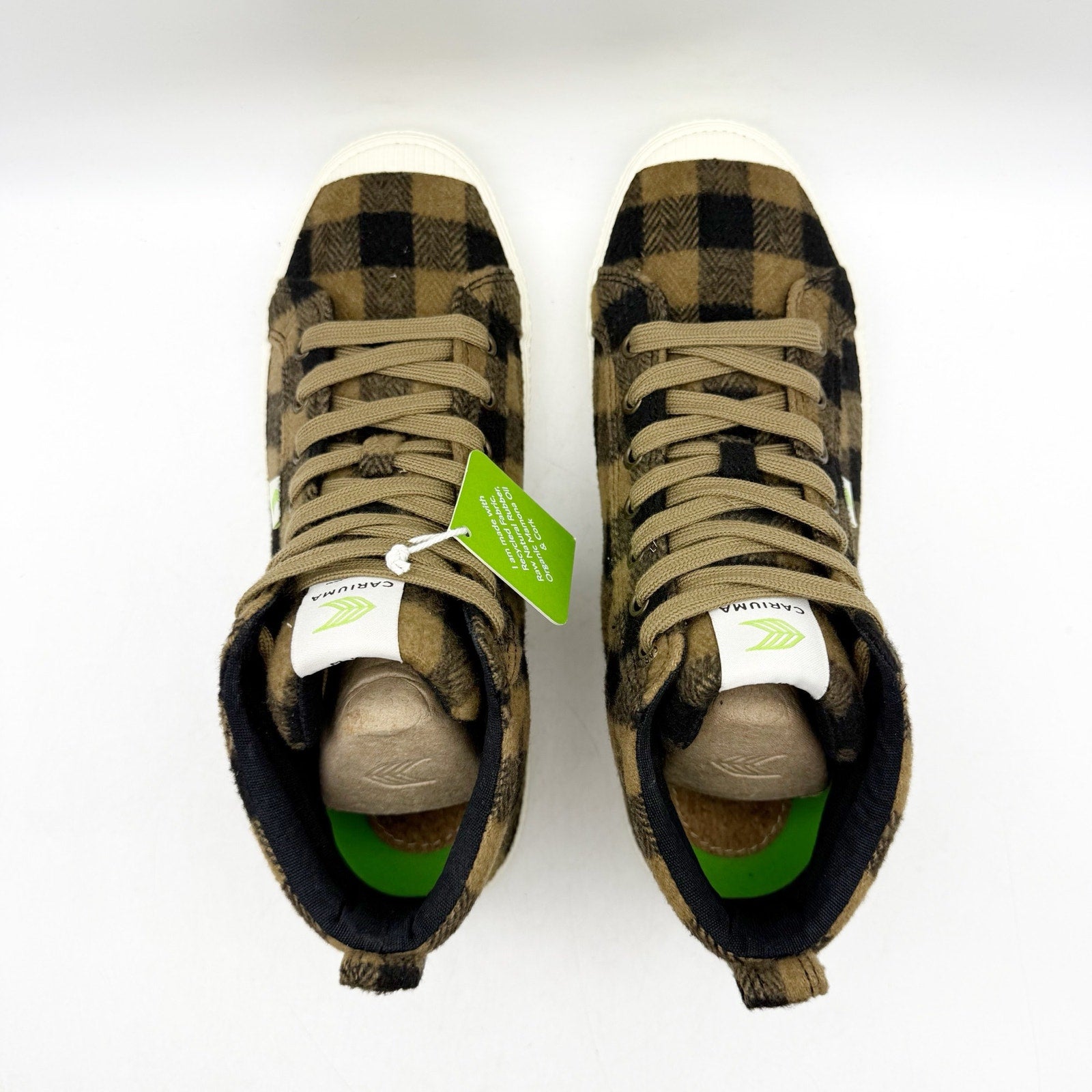 Cariuma Womens OCA High Top Sneakers US 8.5 Brown Black Plaid Organic Cotton NIB