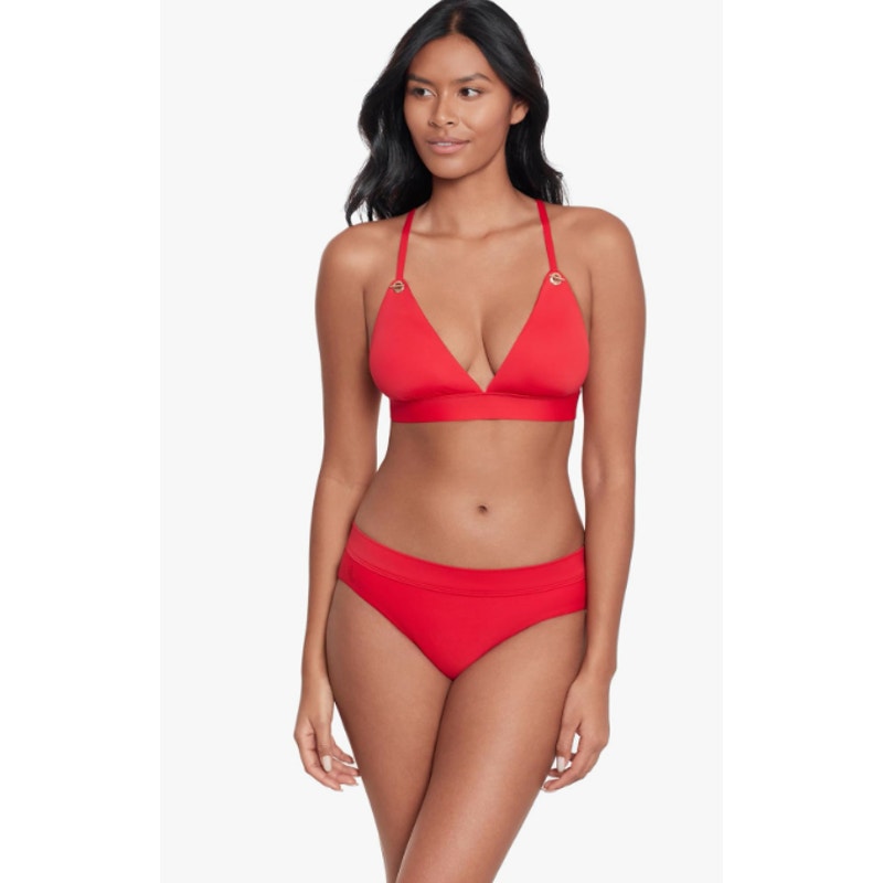LAUREN RALPH LAUREN Toggle V Neck Bikini Top Size 10 Red Beach Club Solids NWT
