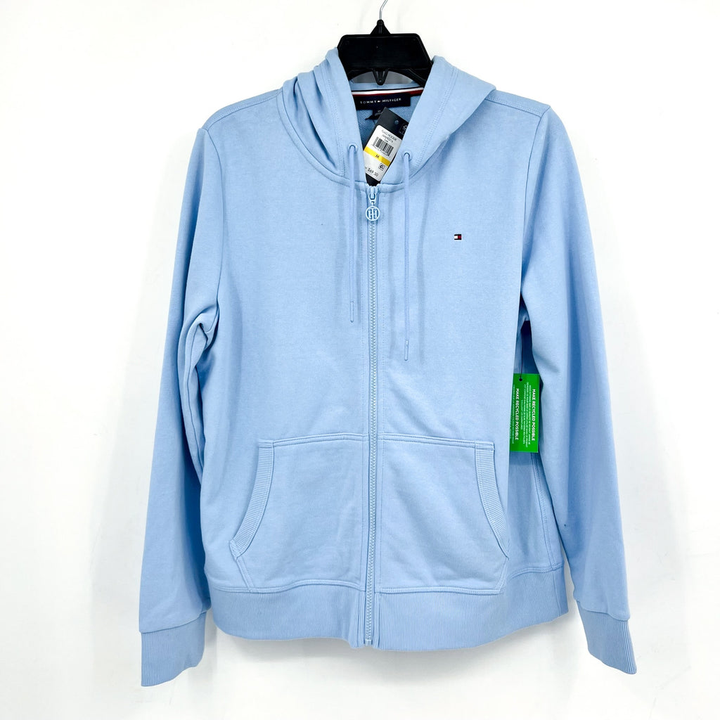 TOMMY HILFIGER Women's Flag Zip Hoodie Sweatshirt Medium Light Blue NWT