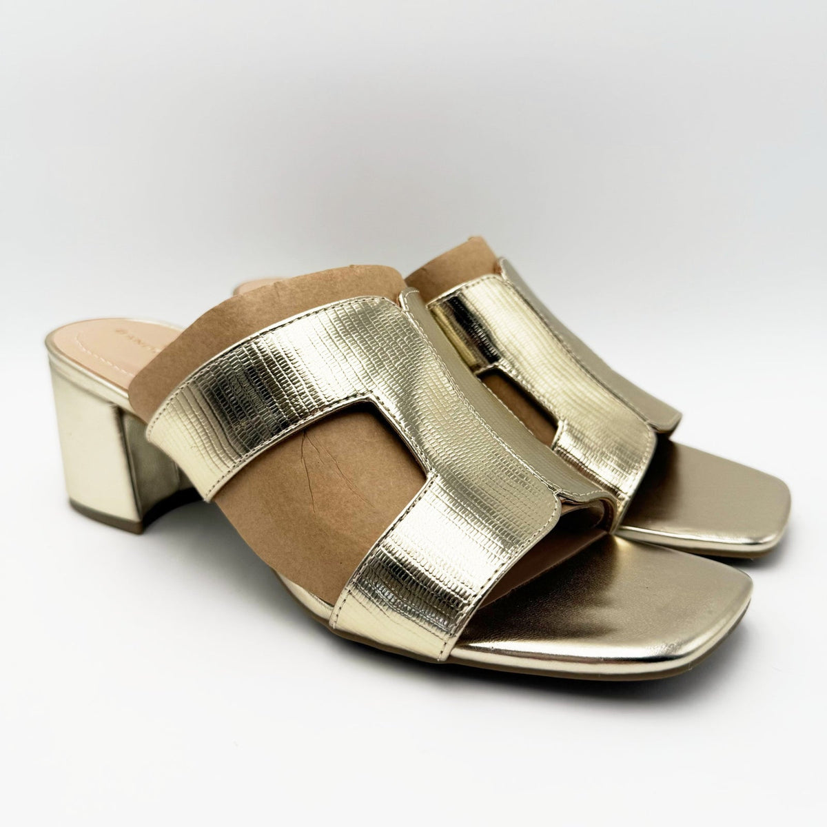 Bandolino Womens Merring Block Heel Slide Sandals Size 9 Gold Lizard NIB