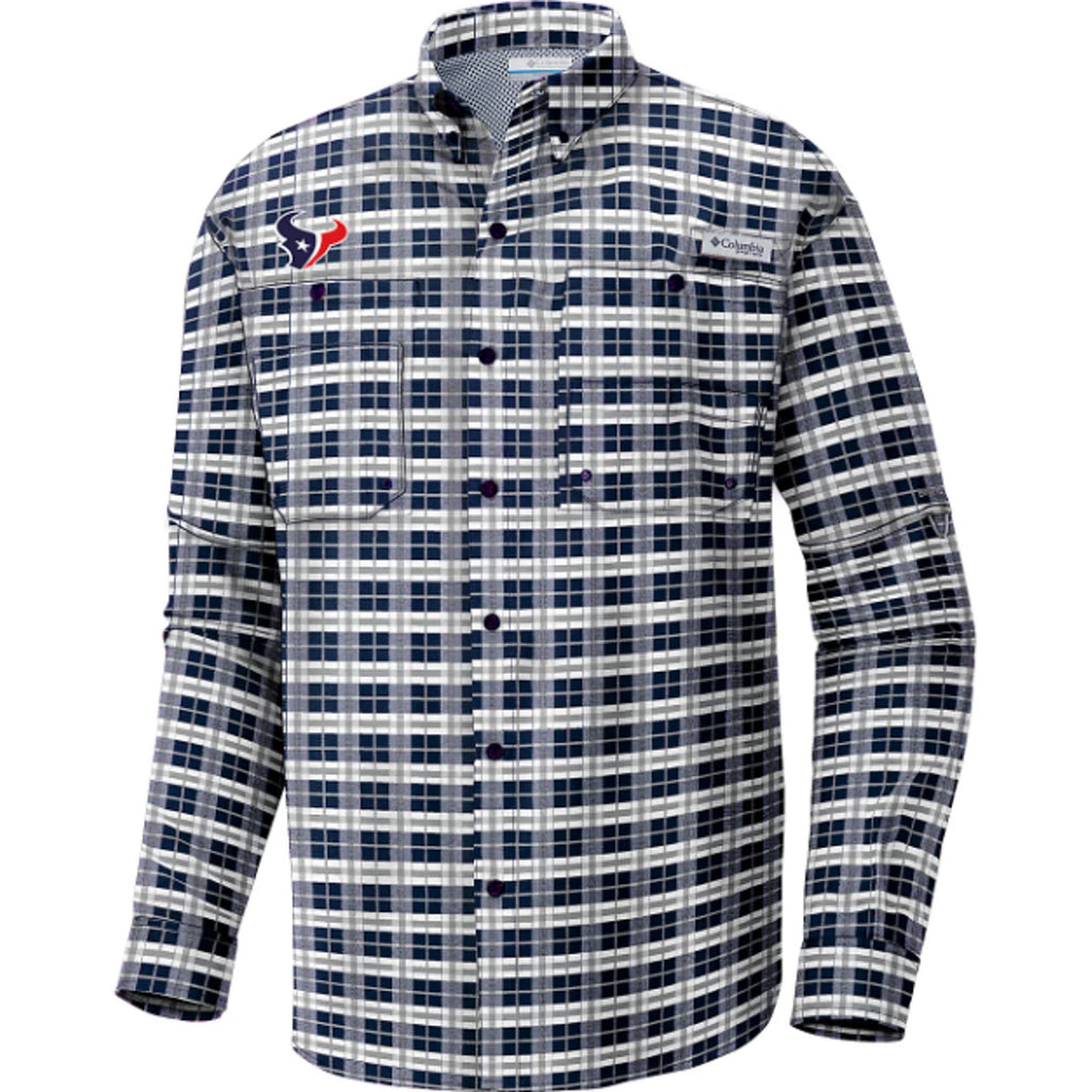 COLUMBIA Mens Super Tamiami LS Shirt Small Blue White Houston Texans PFG NWT