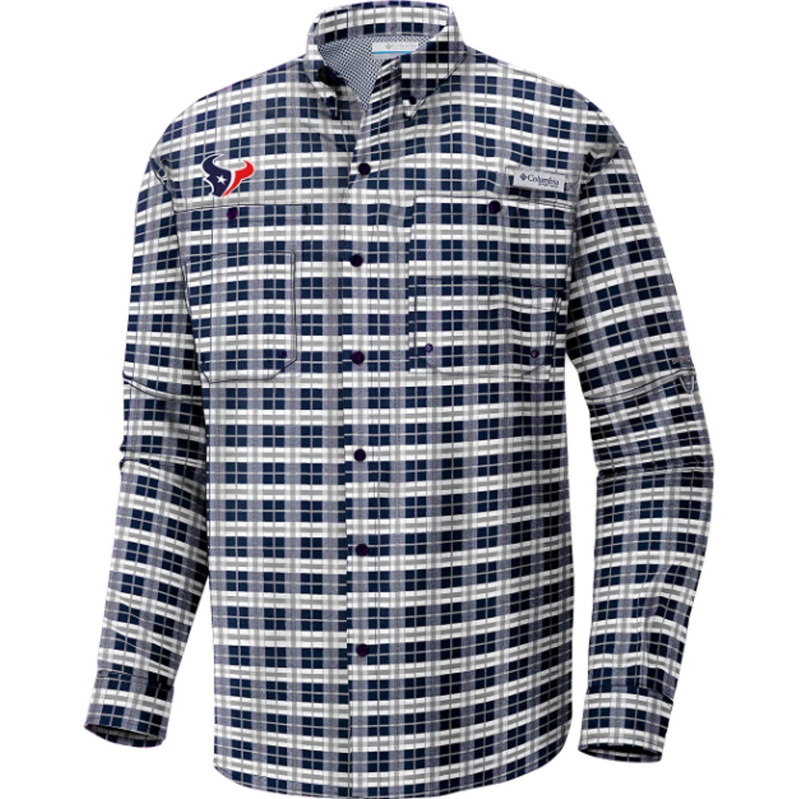 COLUMBIA Mens Super Tamiami LS Shirt Small Blue White Houston Texans PFG NWT