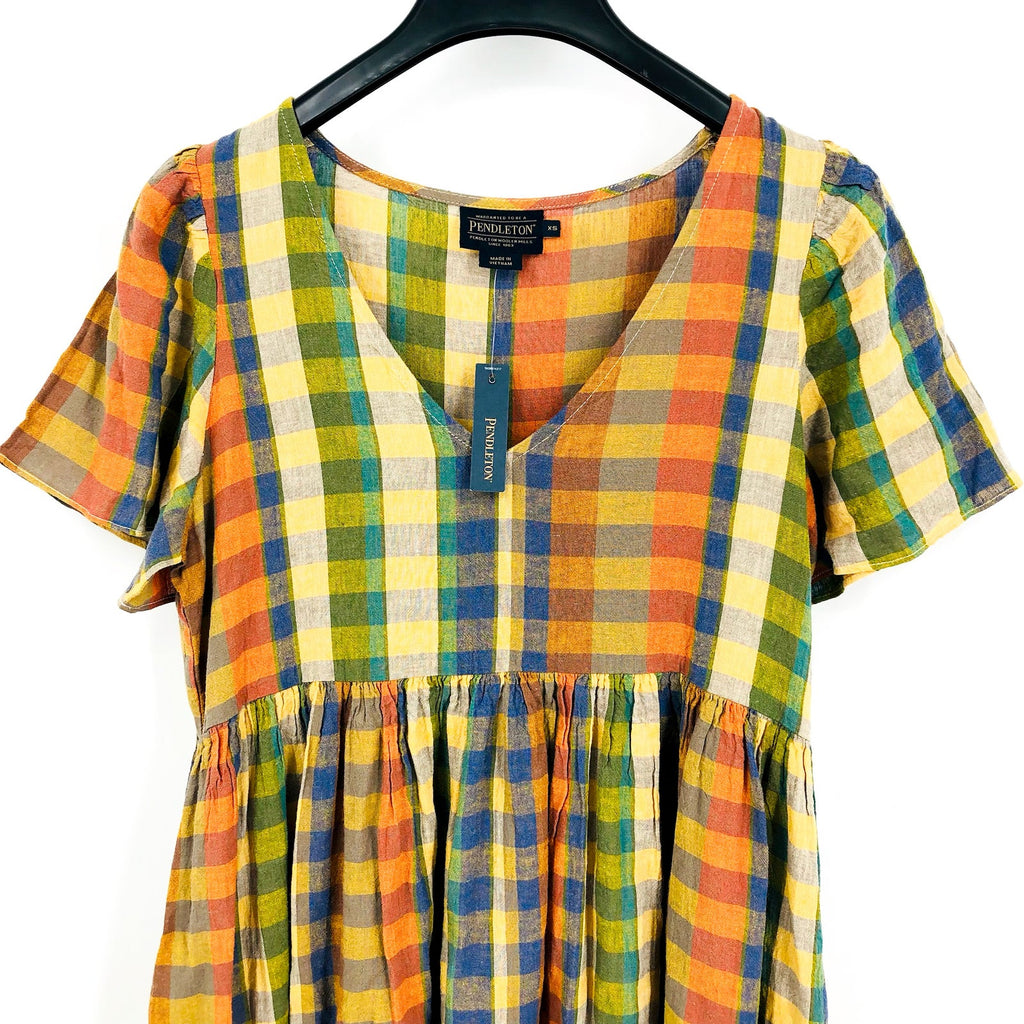 PENDLETON Women's Flora Midi Dress XS Woodash Multi Check Linen-Blend NWT