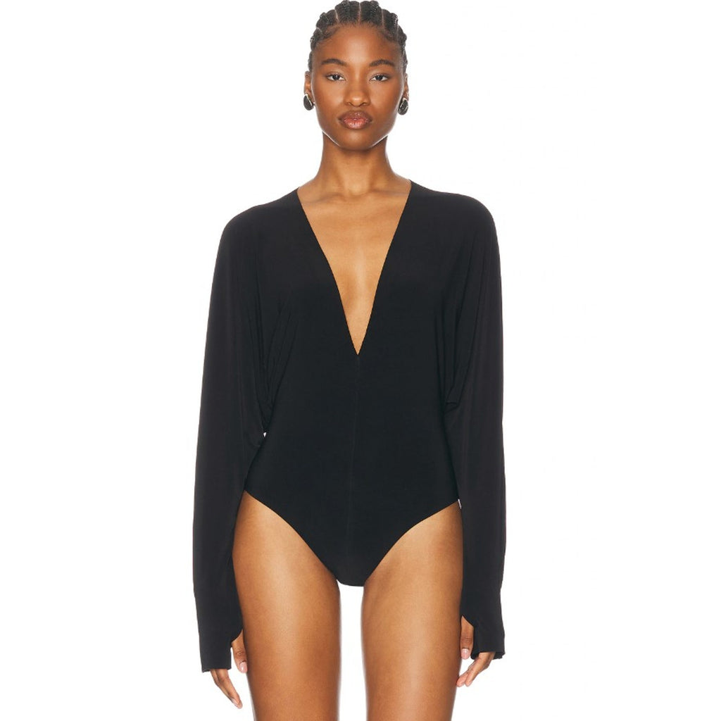 NORMA KAMALI Women's Dolman V Neck Bodysuit XS 34 Black Long Sleeve NWT