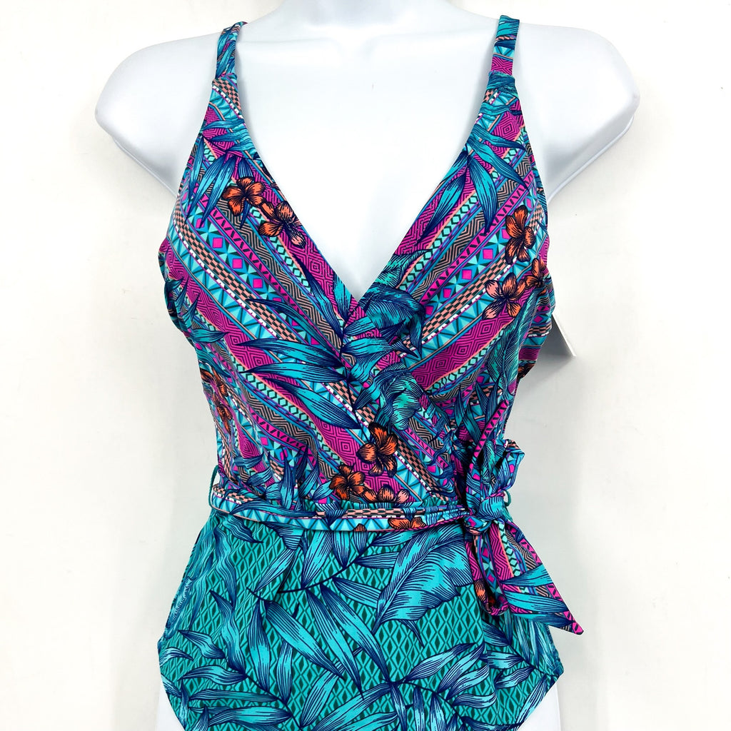 SKINNY DIPPERS Mojito Kiss Kiss Wrap One Piece Swimsuit Medium Blue Malibu NWT